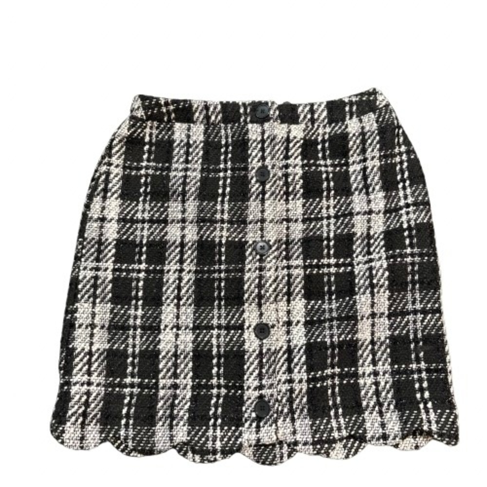 Cato Plaid Tweed Mini Skirt Button Front Scalloped Hem Black White Size‎ 10